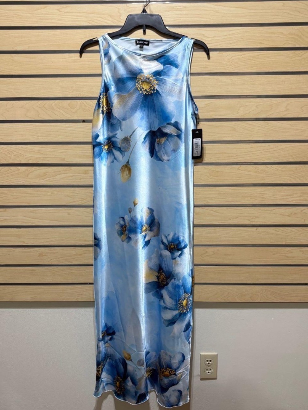 NWT Bebe Blue Floral Satin Maxi Dress